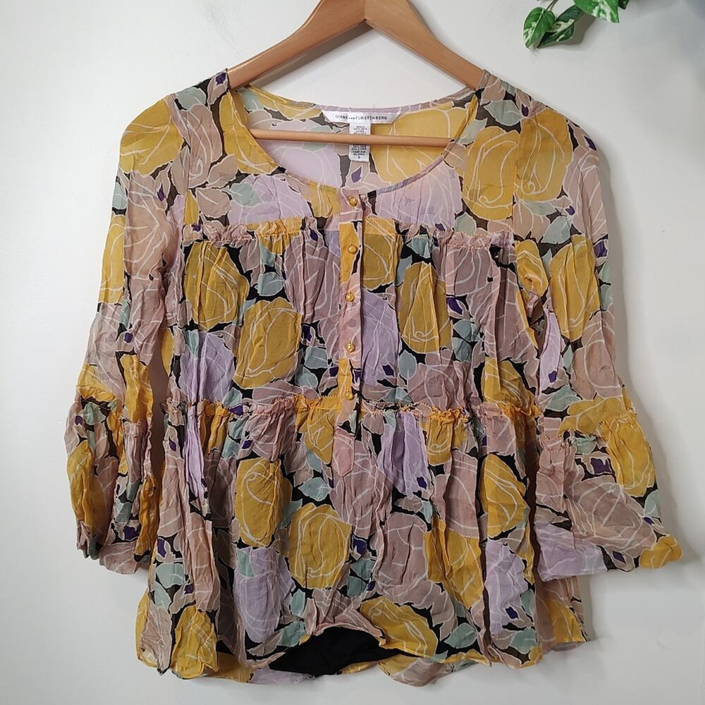 Diane Von Furstenberg Vintage Silk Button Up Blouse in Yellow Floral Size 2
